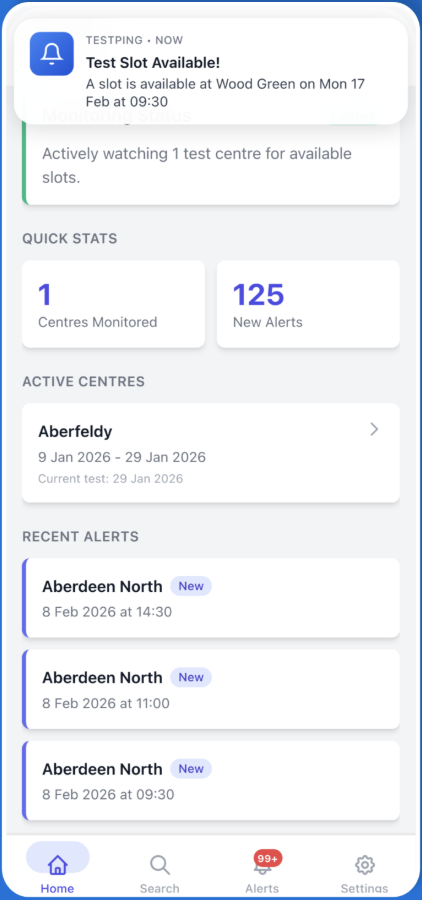 TestPing notification: test slot available at Wood Green