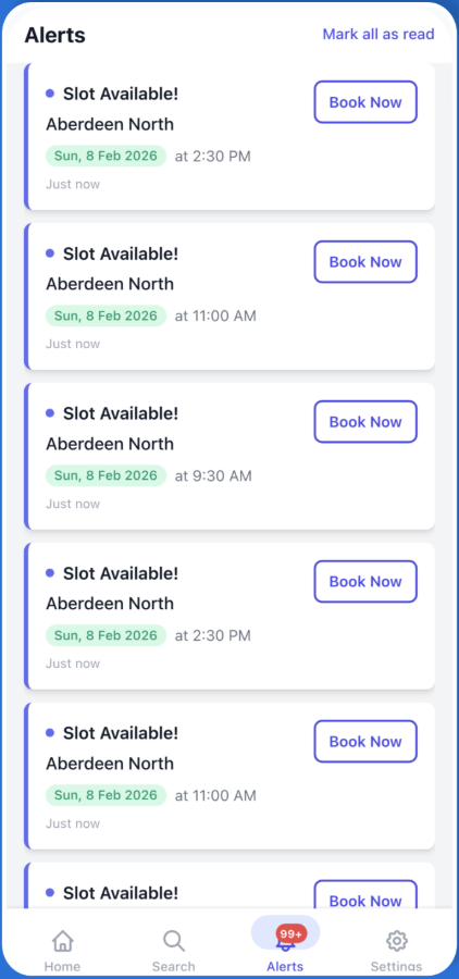 TestPing alerts list showing available test slots